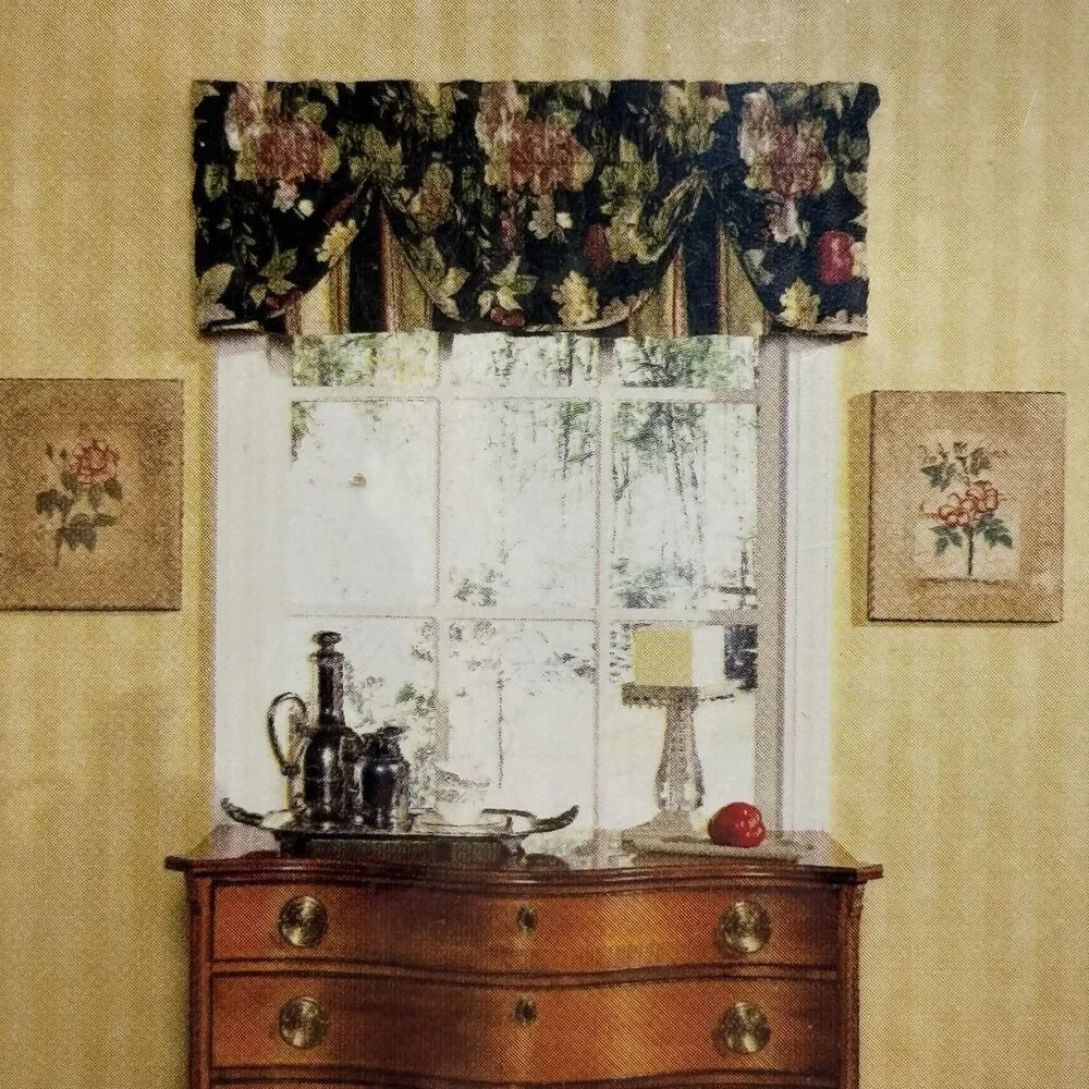 Waverly Bramasole Ebony Black Floral Striped Petticoat Valances Set of Two 77x14